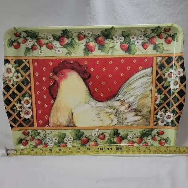 Colorful Rooster Melamine-Handled Decorated Serving Tray By Susan Winget - Pre-owned