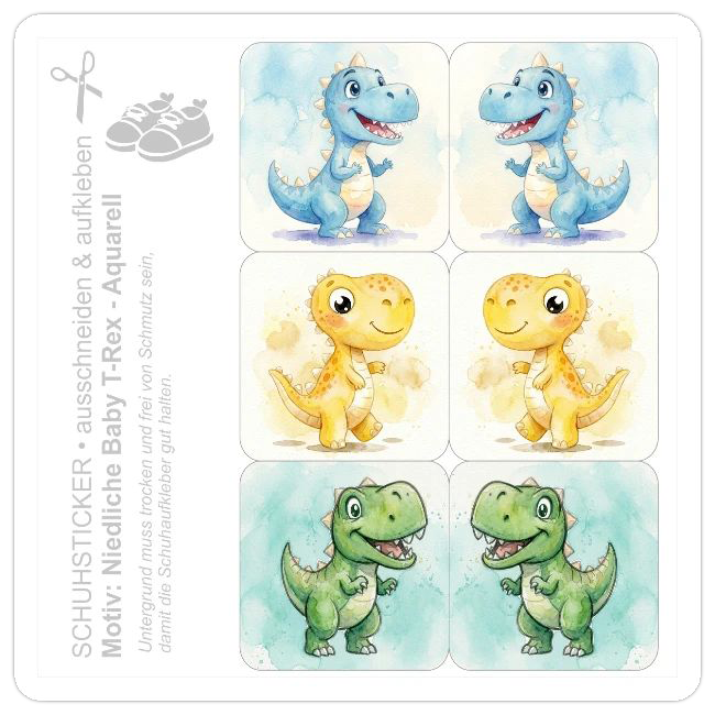 Sechs quadratische Schuhsticker mit niedlichen Baby-Dinosauriern in blau, gelb und grün im Aquarell-Stil auf weißem Grund.