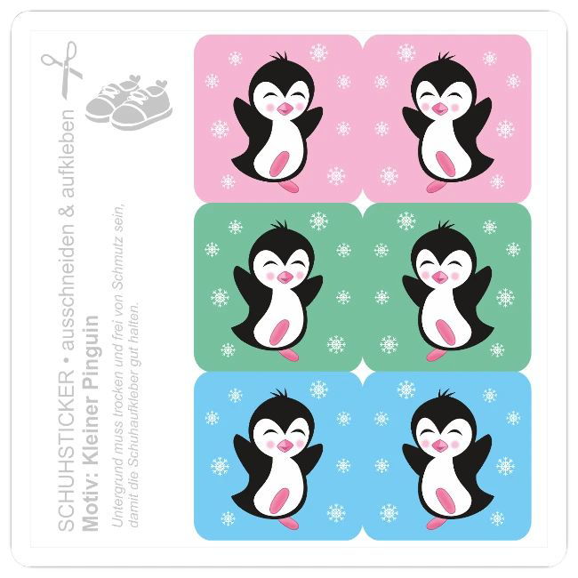 DIY Schuhsticker zum ausschneiden mit fröhlich winkenden Pinguinen und weißen Schneeflocken auf rosa, grünem und blauem Grund.