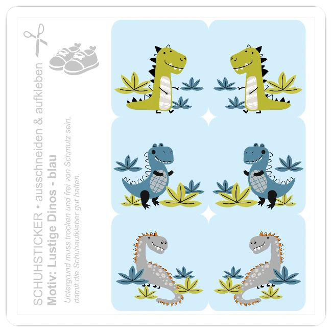 DIY Schuhsticker mit verschiedenen bunten Comic-Dinosauriern auf hellblauem Hintergrund zum Ausschneiden.