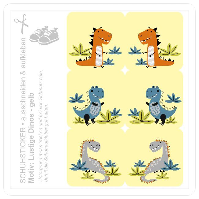 DIY Schuhsticker mit verschiedenen bunten Comic-Dinosauriern auf gelben Hintergrund zum Ausschneiden.
