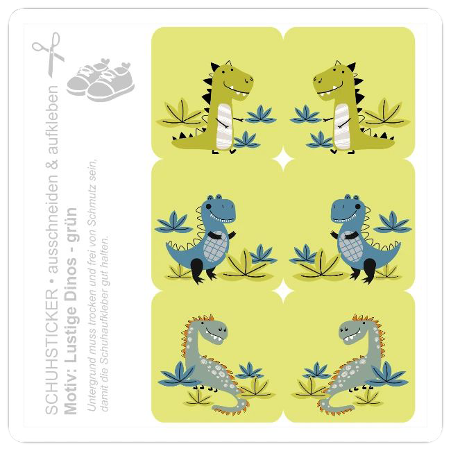 DIY Schuhsticker mit verschiedenen bunten Comic-Dinosauriern auf grünen Hintergrund zum Ausschneiden.
