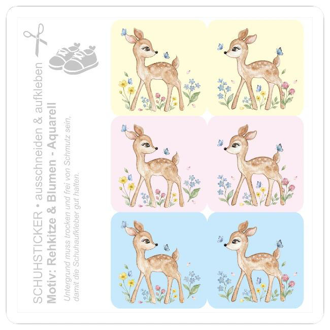 DIY Schuhsticker zum ausschneiden mit süßen Rehkitzen, kleinen Schmetterlingen und Blumen im Aquarell-Stil auf buntem Grund.