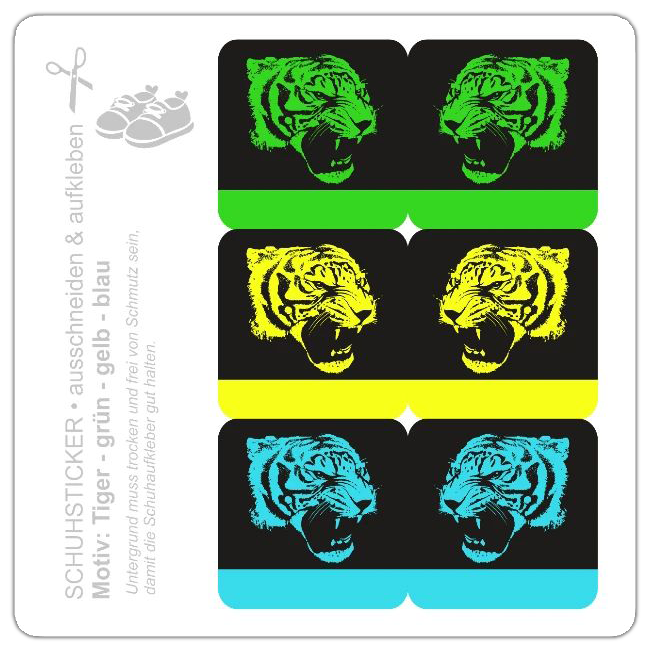 DIY Schuhsticker zum Ausschneiden mit fauchenden Tigerköpfen in Neon-Grün, Neon-Gelb und Neon-Blau auf schwarzem Grund.