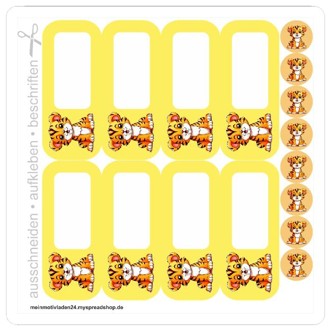 DIY Namensaufkleber-Bogen mit 16 Säbelzahntigern: 8 eckige Etiketten für Hefte und 8 kleine runde Sticker für Stifte und Bastelzubehör.