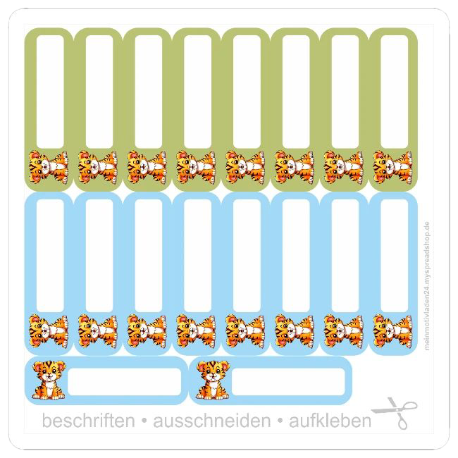 Großer DIY Sticker-Bogen mit 18 schmalen Säbelzahntiger-Namensetiketten – die perfekte Lösung, um viele Buntstifte für kleine Steinzeit-Fans zu beschriften.