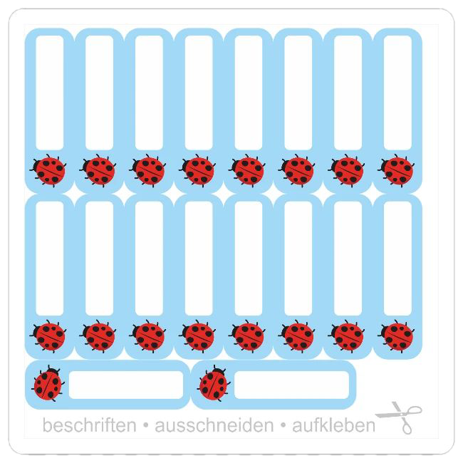 Großer DIY Sticker-Bogen mit 18 schmalen hellblauen Marienkäfer-Namensetiketten – die perfekte Lösung, um viele Buntstifte für die Grundschule individuell zu beschriften.