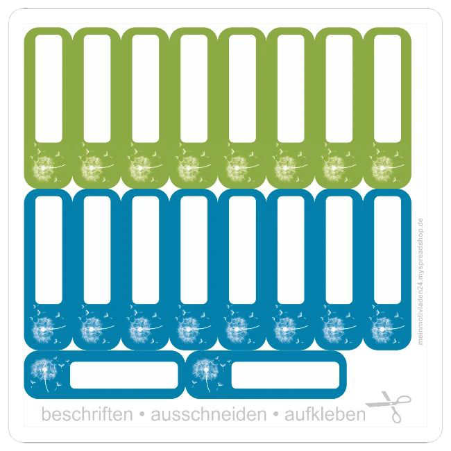 Viele schmale DIY Etiketten zum Ausschneiden in Blau- und Grüntönen mit Pusteblume für Stifte und Schulmaterial.
