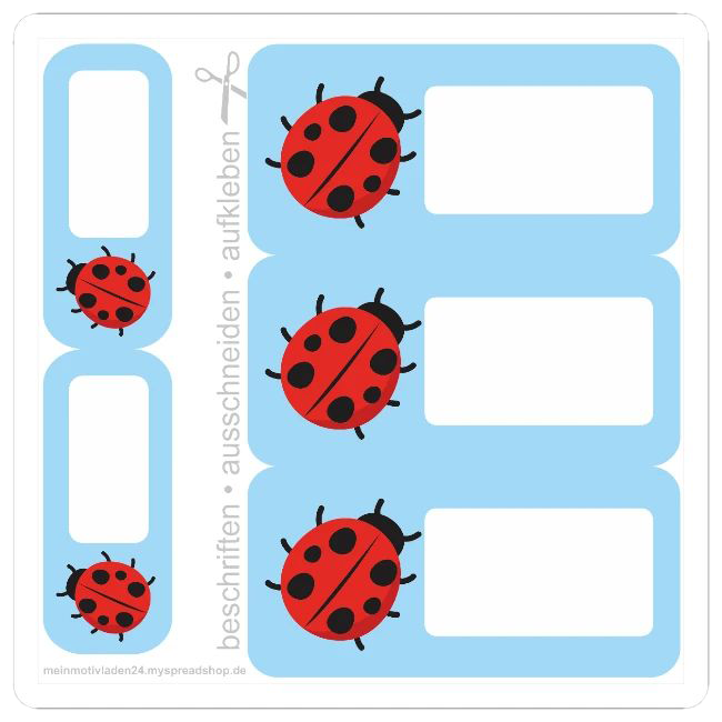 DIY Set mit 5 Marienkäfer-Schulaufklebern: Enthält 3 große rechteckige Namensfelder mit Linien und 2 schmale Sticker zum Selberausschneiden auf hellblauem Grund.