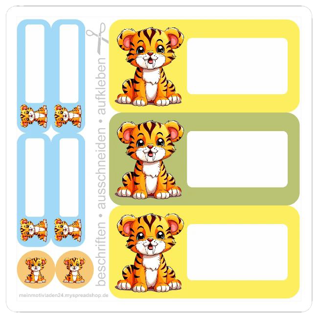 DIY Set mit 9 Säbelzahntiger-Aufklebern: Mix aus 3 Heftaufklebern mit Schreiblinien, 4 schmalen Etiketten und 2 kleinen runden Stickern zum Basteln.
