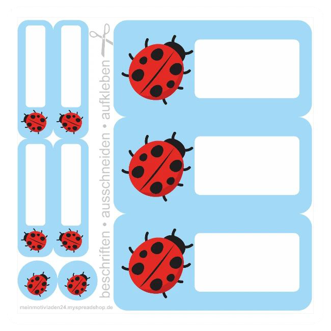 DIY Set mit 9 hellblauen Marienkäfer-Aufklebern: Ein Mix aus 3 großen Buchaufklebern, 4 schmalen Etiketten und 2 kleinen runden Stickern zum Basteln und Kennzeichnen.