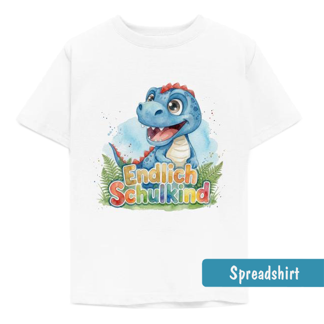Niedlicher blauer Aquarell-Dinosaurier mit roten Zacken über dem bunten Schriftzug „Endlich Schulkind“ und Farnblättern.