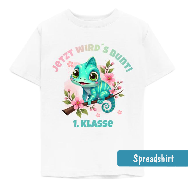 Weißes Einschulungs-Shirt mit süßem Chamäleon & Text: Jetzt wird's bunt! 1. Klasse.