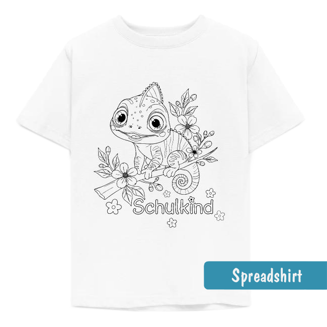 Ausmal-Shirt mit süßem Chamäleon auf einem Ast mit Blüten zum selber Gestalten.