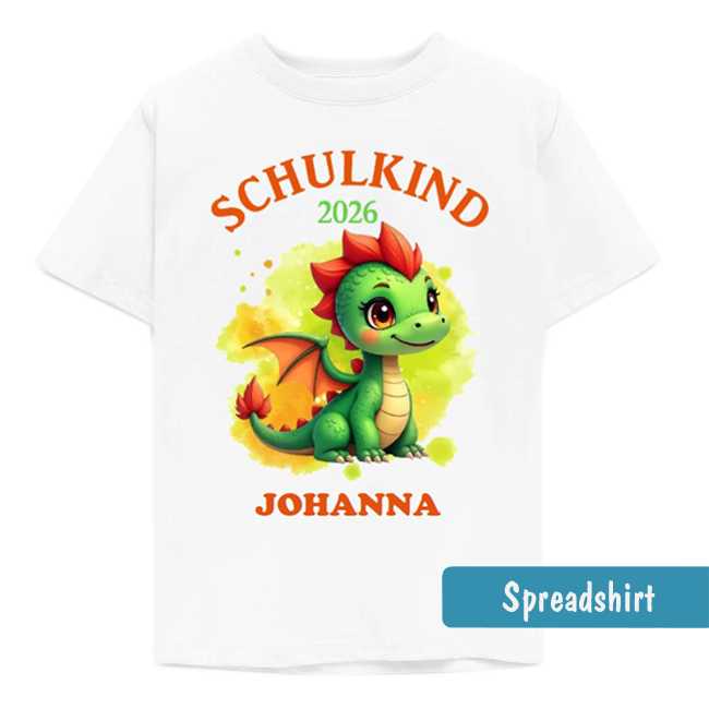 Niedlicher grüner Comic-Drache vor gelb-grünem Aquarell-Farbklecks mit dem Text „Schulkind 2026“ in Orange.