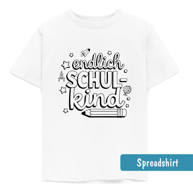 Ausmal-Shirt Endlich Schulkind mit Rakete, Zirkel, Globus, Sternen und Bleistift als Schwarz-Weiß-Grafik.