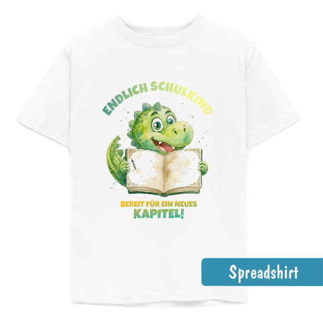 Fröhlicher grüner Aquarell-Dino T-Rex mit offenem Buch und Text „Endlich Schulkind - Bereit für ein neues Kapitel!“