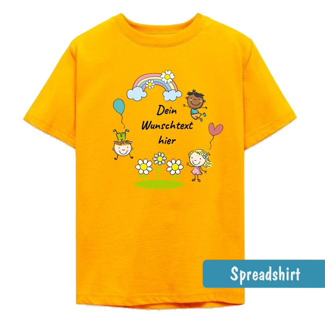 Gelbes Kinder T-Shirt mit bunter Zeichnung von fröhlichen Kindern, Regenbogen, Blumen und Platz für Wunschtext.