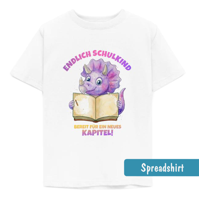 Fröhlicher lila Aquarell-Dino Triceratops mit offenem Buch und Text „Endlich Schulkind - Bereit für ein neues Kapitel!“