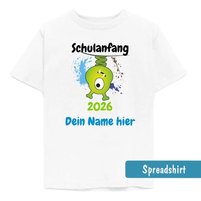 Kinder-T-Shirt mit einem lustigen, kopfüber hängenden grünem Monster, mit blauen Farbspritzern, personalisierbar