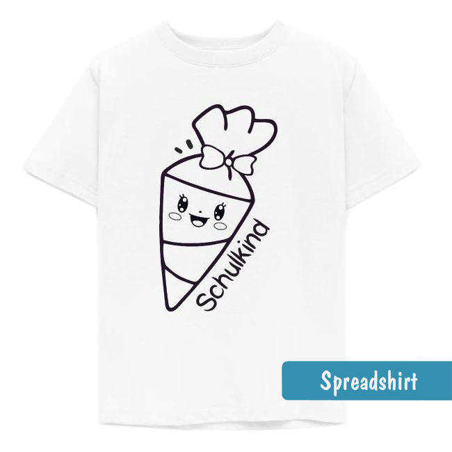 Ausmal-Shirt zur Einschulung mit niedlicher Kawaii-Schultüte & Schriftzug: Schulkind.