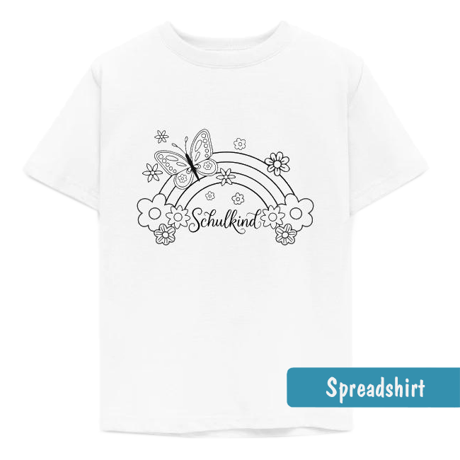Einschulungs Shirt zum Ausmalen mit einem Regenbogen, Schmetterling, Blumen und dem Schriftzug Schulkind.