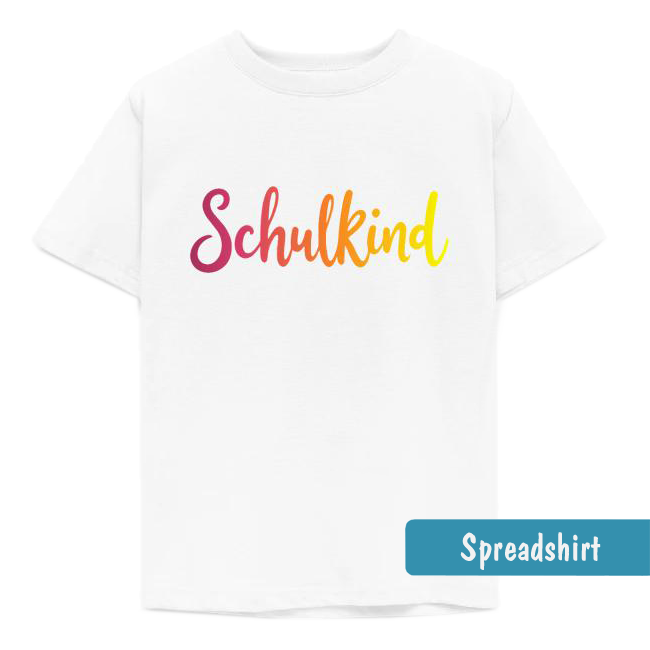 Kinder-T-Shirt mit dem geschwungenen Schriftzug „Schulkind“ - Farbverlauf von Rot, Orange, Gelb