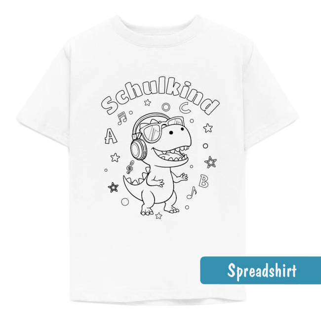 Ausmal-Shirt zur Einschulung mit coolem Dino, Kopfhörern, Sonnenbrille & Text: Schulkind.
