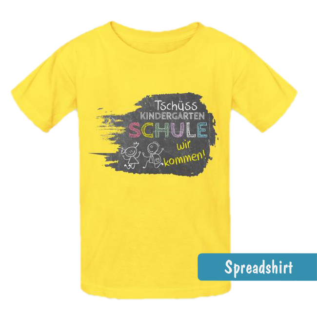 gelbes Kita Abgänger T-Shirt  mit Tafeloptik-Design mit Kreideschrift Text - Tschüss Kindergarten - Schule wir kommen!