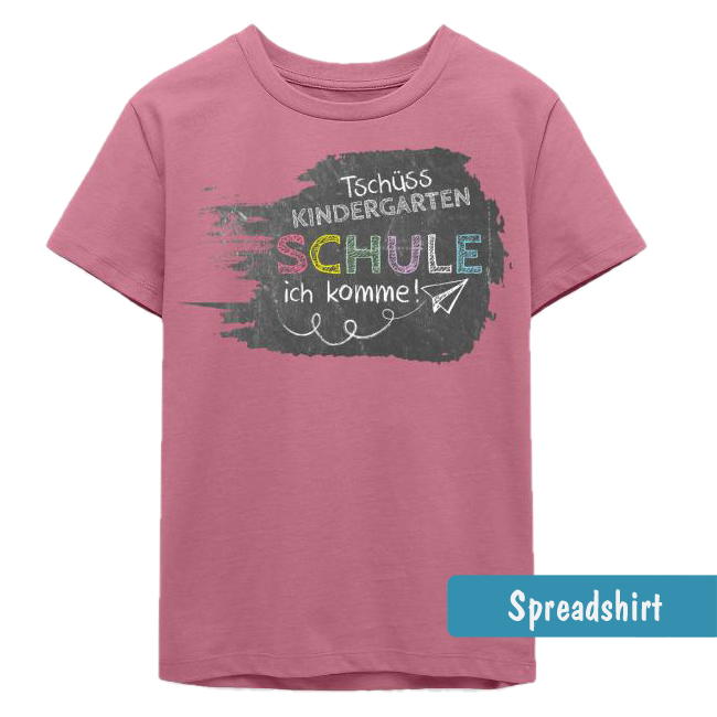 rotes Kita Abschieds T-Shirt mit Tafeloptik-Design mit Kreideschrift Text - Tschüss Kindergarten - Schule ich komme