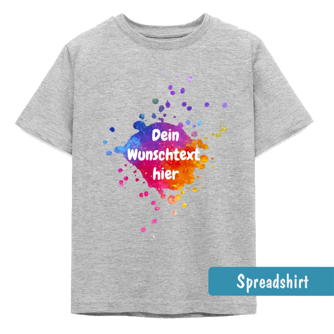 Graumeliertes Kinder-T-Shirt mit einem künstlerischen Farbfleck-Design. Das Motiv besteht aus einem zentralen, bunten Klecks mit vielen kleinen Farbspritzern drumherum. In der Mitte steht in weißer Schrift der Platzhalter „Dein Wunschtext hier“, 