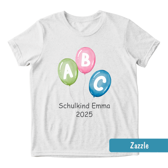 Weißes Einschulungs-Shirt mit drei bunten ABC-Luftballons, Text: Schulkind, Name und Jahreszahl.