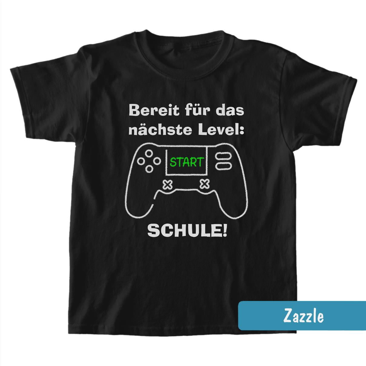 Schwarzes Einschulungs-Shirt mit weißer Spielkonsole & Spruch: Bereit für das nächste Level: SCHULE!