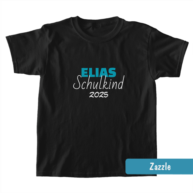 lSchwarzes Einschulungs-Shirt für Kinder mit personalisierbarem blauem Namen, "Schulkind" & Jahreszahl.