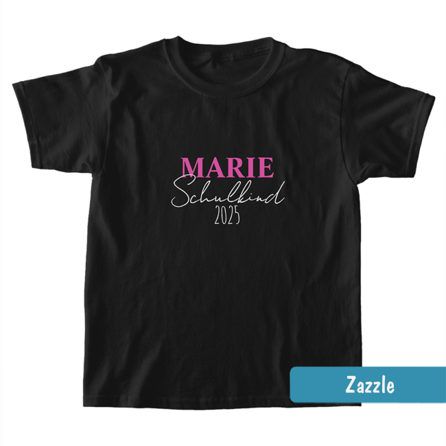 Schwarzes Einschulungs-Shirt für Kinder mit personalisierbarem pinkem Namen, "Schulkind" & Jahreszahl.