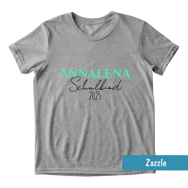 Graues Schulanfangs-Shirt für Kinder mit personalisierbarem türkisfarbenem Namen, "Schulkind" & Jahreszahl.
