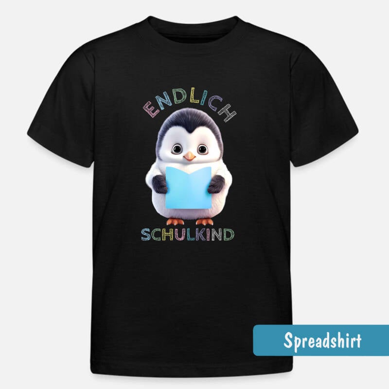 schwarzes Einschulungs T-Shirt mit niedlichem Pinguin der ein blaues Heft in den Händen hält - Text in bunter Kreideschrift - Endlich Schulkind