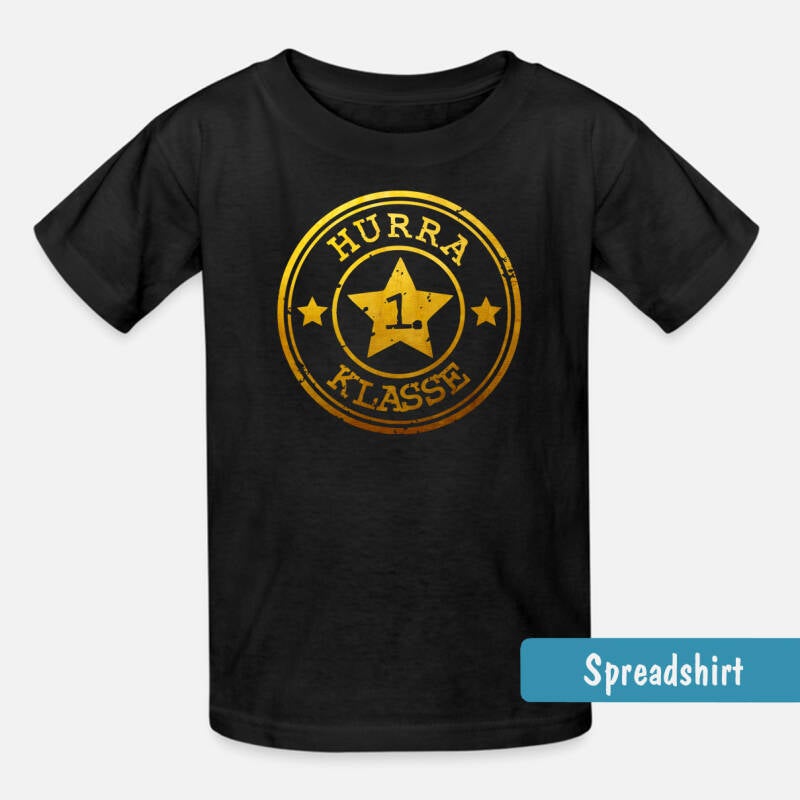 schwarzes Einschulungs T-Shirt mit goldenen runden Siegel - darin ein großer Stern - 2 kleine Sterne und der Text - Hurra 1. Klasse
