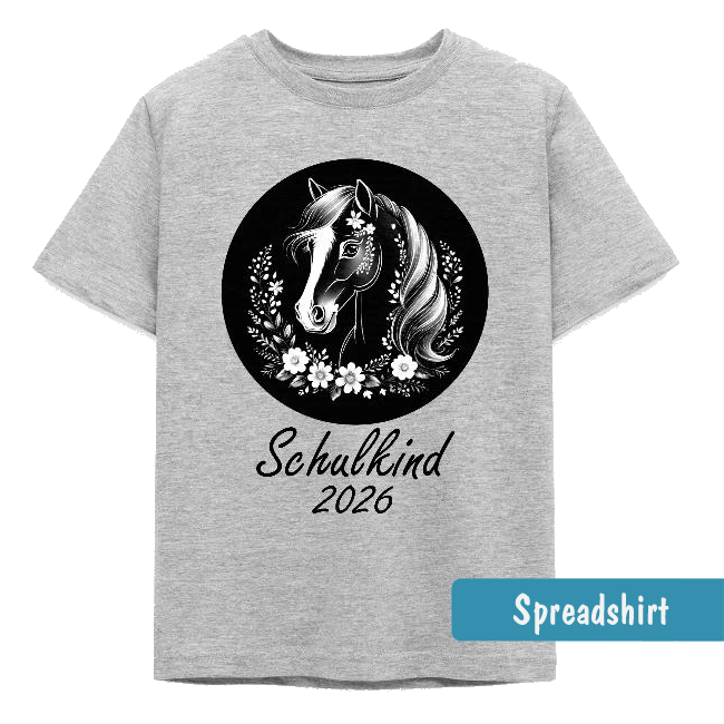 Schwarz-weiße Kreide-Illustration eines Ponys mit Blumen im Haar und Mähnen-Details, eingerahmt von einem floralen Kranz und dem Schriftzug „Schulkind 2026“ auf schwarzem kreisförmigem Grund.