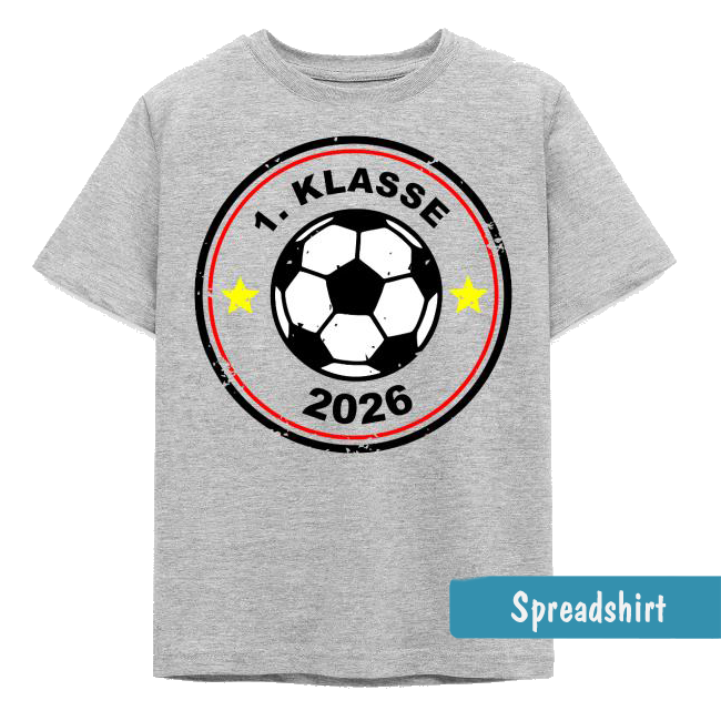 Graues Einschulungs-T-Shirt für Jungen mit runden Fußball- Emblem, gelben Sternen und Aufschrift 1. KLASSE 2026.