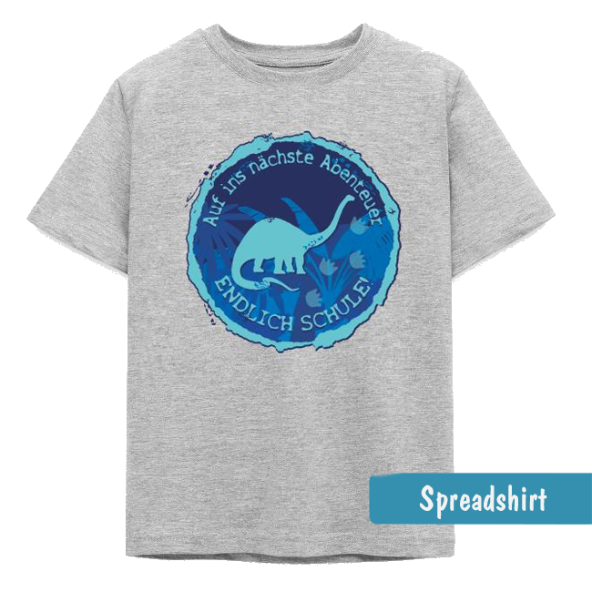 Rundes blaues Emblem mit Brachiosaurus-Silhouette, Urwaldpflanzen und Text „Auf ins nächste Abenteuer - Endlich Schule!“.