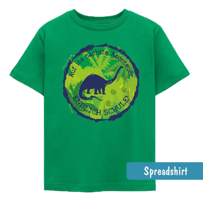 Rundes grünes Emblem mit Brachiosaurus-Silhouette, Urwald-Hintergrund, Text: „Auf ins nächste Abenteuer - Endlich Schule!“.
