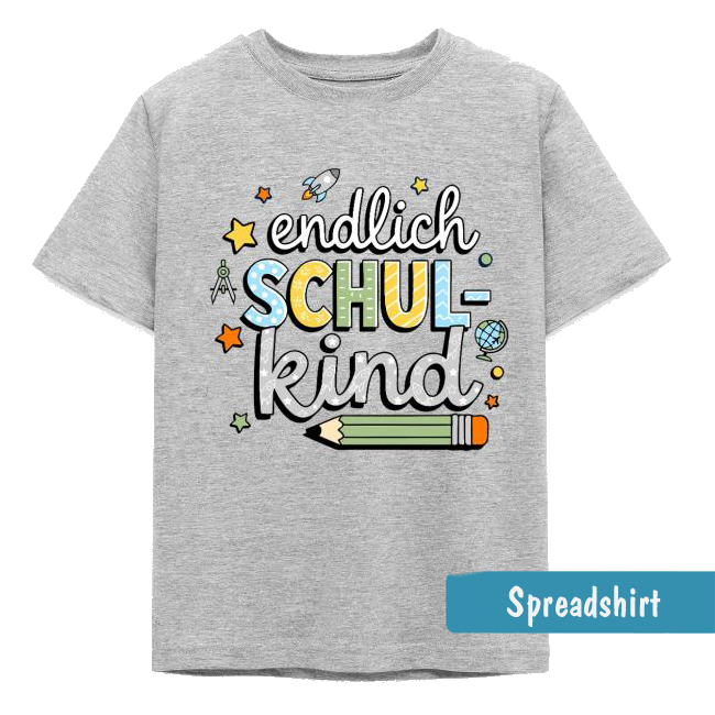 Einschulungs-Shirt mit Schriftzug Endlich Schulkind für Jungen mit Rakete, Zirkel, Globus, Sternen und Bleistift.