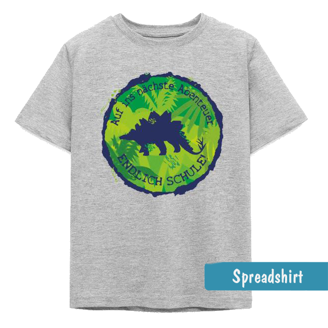 Rundes grünes Emblem mit blauer Stegosaurus-Silhouette, Urwald und Text „Auf ins nächste Abenteuer - Endlich Schule!“.