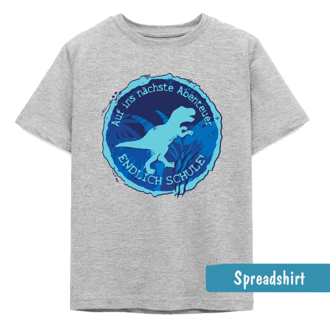 Rundes blaues Emblem mit T-Rex Silhouette, Urwaldpflanzen und Text „Auf ins nächste Abenteuer - Endlich Schule!“.