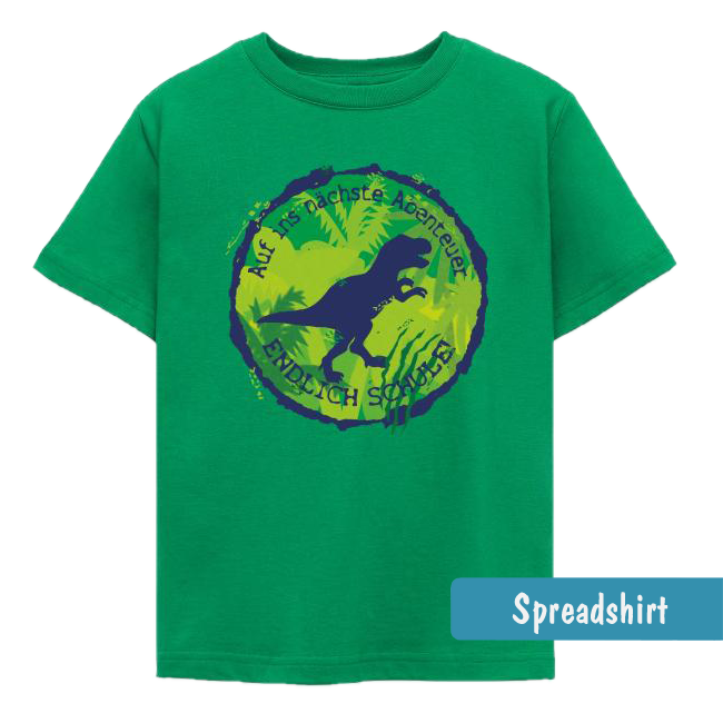 Rundes grün-blaues Emblem mit T-Rex Silhouette, Urwaldpflanzen und Text „Auf ins nächste Abenteuer - Endlich Schule!“.
