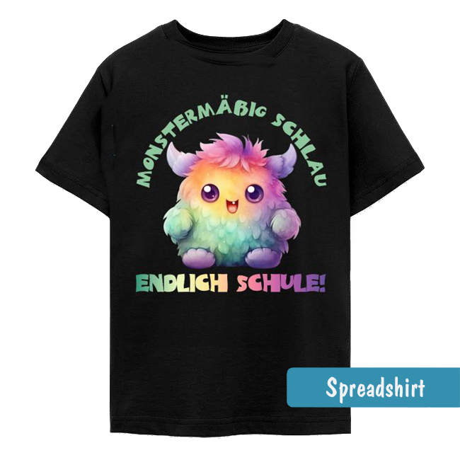 Fröhliches buntes Wuschelmonster mit großem Lächeln für die Einschulung - Monstermäßig schlau - endlich Schule!