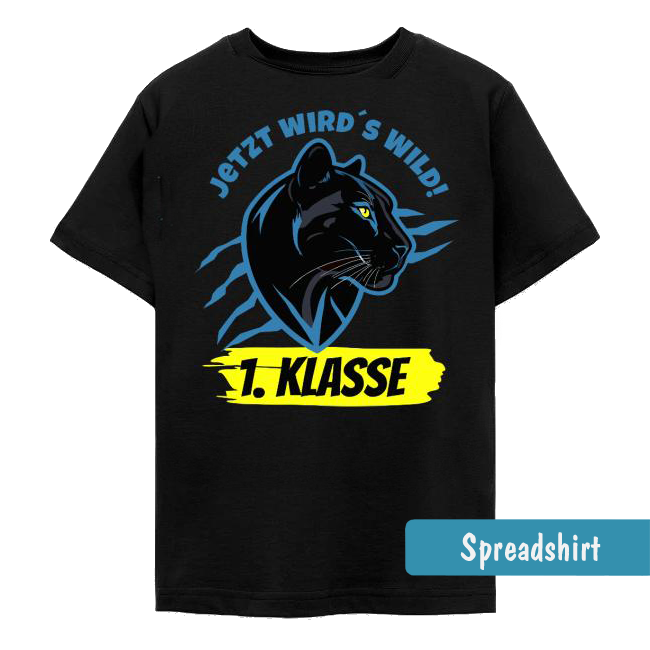 Schwarzes Shirt mit Panther-Emblem, blauen Krallenspuren und Text "Jetzt wird's wild! 1. Klasse" für Einschulung.
