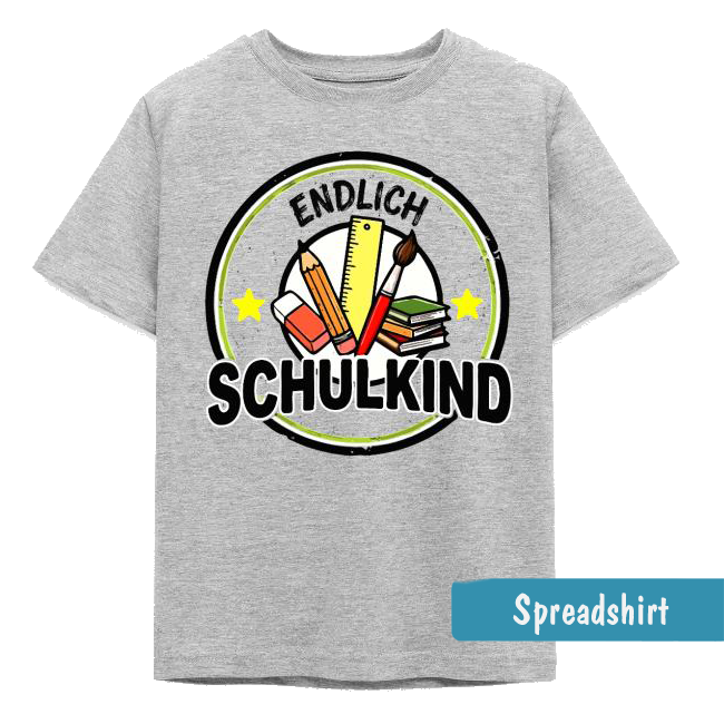 Rundes Vintage Einschulungs-Abzeichen mit schwarz grünem Rahmen, Schulartikel und dem Schriftzug ENDLICH SCHULKIND.