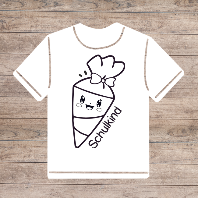 Ausmal-Shirt zur Einschulung mit niedlicher Kawaii-Schultüte & Schriftzug: Schulkind.